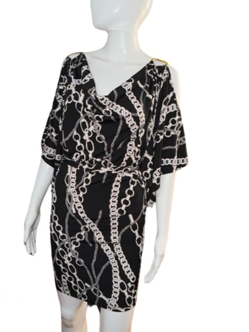 Caché Black‎ & White Chain Print Dress with Gold Ring Hardware - XS